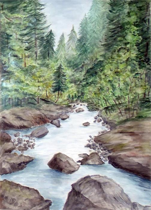 Rosemary G-D Watercolour drawing Mountain stream with rocks within wooded landscape, signed '