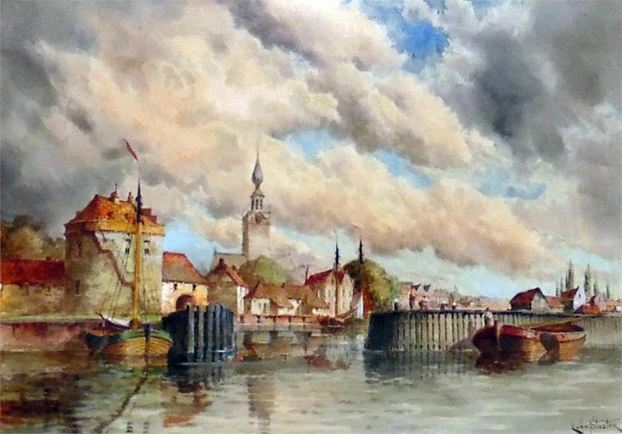 L Van Staaten Watercolour "Veere Harbour", signed lower right, 39cm x 60cm