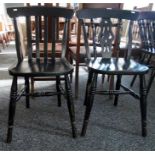 Set of three stained beech lath back kitchen chairs with solid seats and a further kitchen chair