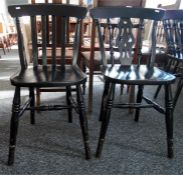 Set of three stained beech lath back kitchen chairs with solid seats and a further kitchen chair