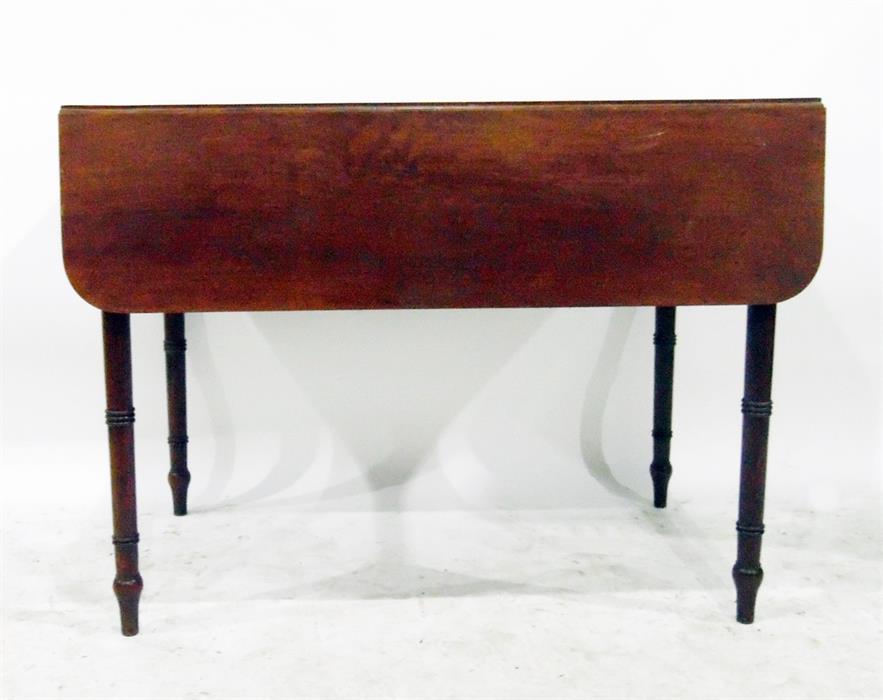 19th century mahogany drop-flap table with frieze drawer, on ring turned tapering legs, width 99cm