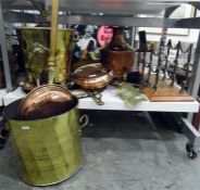 Two copper warming pans, a copper carrier, fire irons and other items