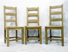 Set of six modern pine rush-seated ladderback high-back kitchen chairs (6)
