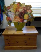 Pine blanket box on plinth base, 84cm wide and a Decoupage fire screen (2)