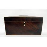 Regency mahogany sarcophagus-shaped tea caddy having fitted interior and glass bowl, 32cm wide