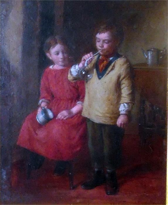 William Hemsley (1819-1906) (British) (attr.) Oil on board  Interior scene of children blowing