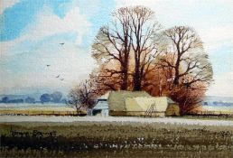 20th century watercolour of barns in landscape, signed lower left 'Howe-Bonnett'(?), a colour