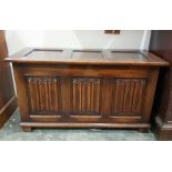 20th century oak blanket box with three linenfold