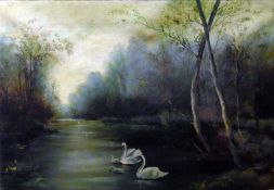 E BoddyOil on canvasLake scene with a pair of swans and two cygnets in the foreground, signed lower