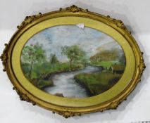 Pair of oval watercolour drawings showing river sc