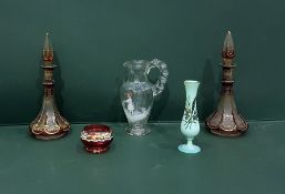 Pair red and gilt flashed glass scent bottles, pan