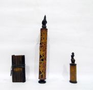 Tibetan prayer book on palm and two African scroll holders with carved finials, one as bird, the bo