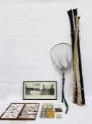 Quantity of fishing flies, a landing net, framed p