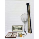 Quantity of fishing flies, a landing net, framed p