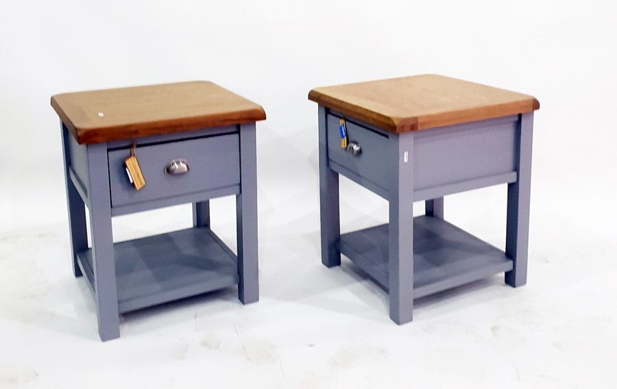 Pair of modern oak topped bedside tables with pain