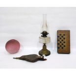 Brass and glass paraffin lamp with pink shade (cra