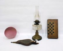 Brass and glass paraffin lamp with pink shade (cra