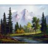 Oil on canvas Mountain landscape with snowy mounta