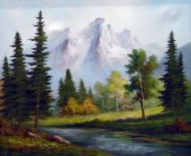 Oil on canvas Mountain landscape with snowy mounta