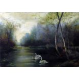 E Boddy Oil on canvas Lake scene with a pair of sw