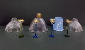 Three frilled glass lightshades, three Moser type