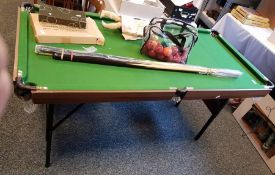 Small snooker table with balls and cues, length 15