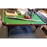 Small snooker table with balls and cues, length 15