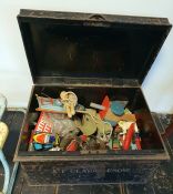 Metal chest with assorted Corgi, Matchbox and Dink