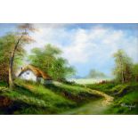R Danford Two oils on canvas Thatched cottage abov