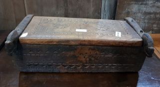 Old Eastern carved temple box, the hinged top open