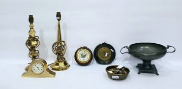 Two brass table lamps, a brass coloured metal Seiko clock, a quantity of horse brasses within a bra