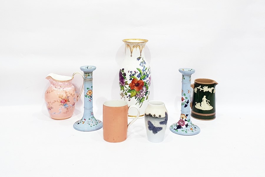 Vase, pair blue candlesticks, jugs, pink and green