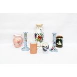 Vase, pair blue candlesticks, jugs, pink and green