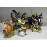 Eight tinted bisque model birds and animals, inclu