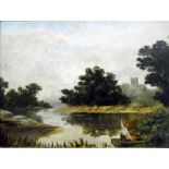 19th Century School Oils on board  River with cast
