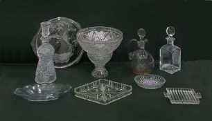 Cut pedestal bowl, three decanters and five other glass items