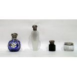 Silver capped mirror and blue glass scent bottle,