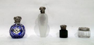 Silver capped mirror and blue glass scent bottle,