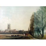 Unattributed Colour print Gloucester Cathedral from the meadows, 44cm x 60cm and a quantity of