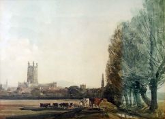 Unattributed Colour print Gloucester Cathedral from the meadows, 44cm x 60cm and a quantity of