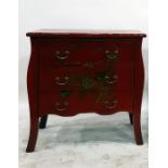 Red lacquer and floral painted chest of three long