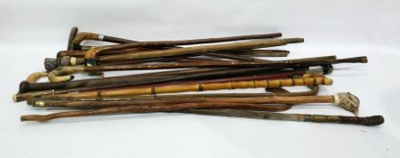 Selection of walking sticks with variously carved