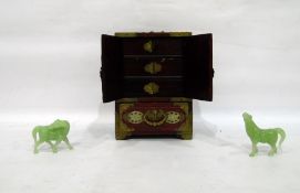 Two 20th century carved jadeite horse figurines and a Chinese brass-bound and carved mother-of-pear