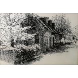 Black and white cross-stitch picture of a house an