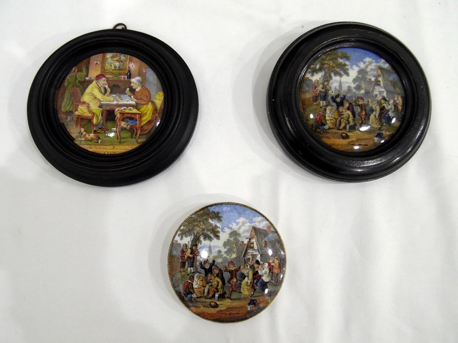 Three pot lids to include 'The Village Wedding' (x