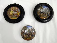 Three pot lids to include 'The Village Wedding' (x