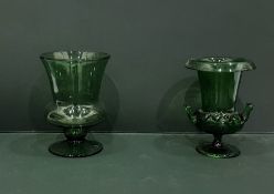 Green glass vase, pedestal thistle-shaped and anot