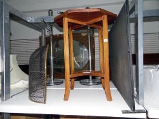 Octagonal occasional table with tie stretcher, a brass and wire fire guard and another spark guard