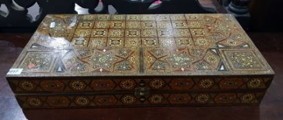 Finely inlaid Eastern backgammon box, the top open