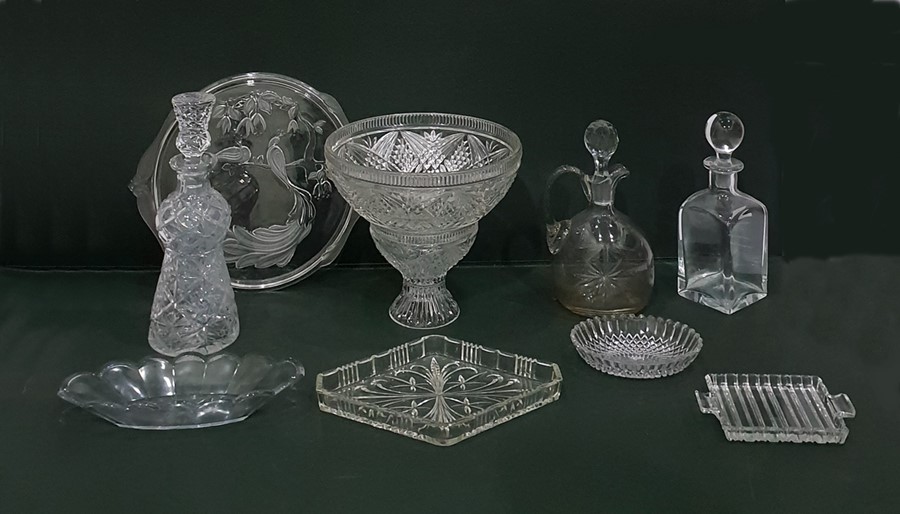 Cut pedestal bowl, three decanters and five other